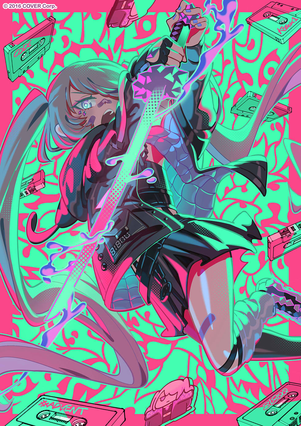 1girl, bandaid, bandaid_on_face, bandaid_on_knee, bandaid_on_leg, bandaid_on_nose, belt, black_belt, black_jacket, black_skirt, chest_belt, chest_jewel, closed_mouth, copyright_notice, crop_top, hair_flaps, highres, holding, holding_sword, holding_weapon, hololive, hololive_english, jacket, katana, keenbiscuit, koseki_bijou, koseki_bijou_(3rd_costume), long_bangs, looking_at_viewer, miniskirt, multiple_belts, off_shoulder, official_alternate_costume, official_alternate_hairstyle, official_art, open_clothes, open_jacket, open_mouth, purple_jacket, quilted_jacket, sheath, shoes, skirt, smile, sword, twintails, two-sided_fabric, two-sided_jacket, virtual_youtuber, weapon, zipper_skirt