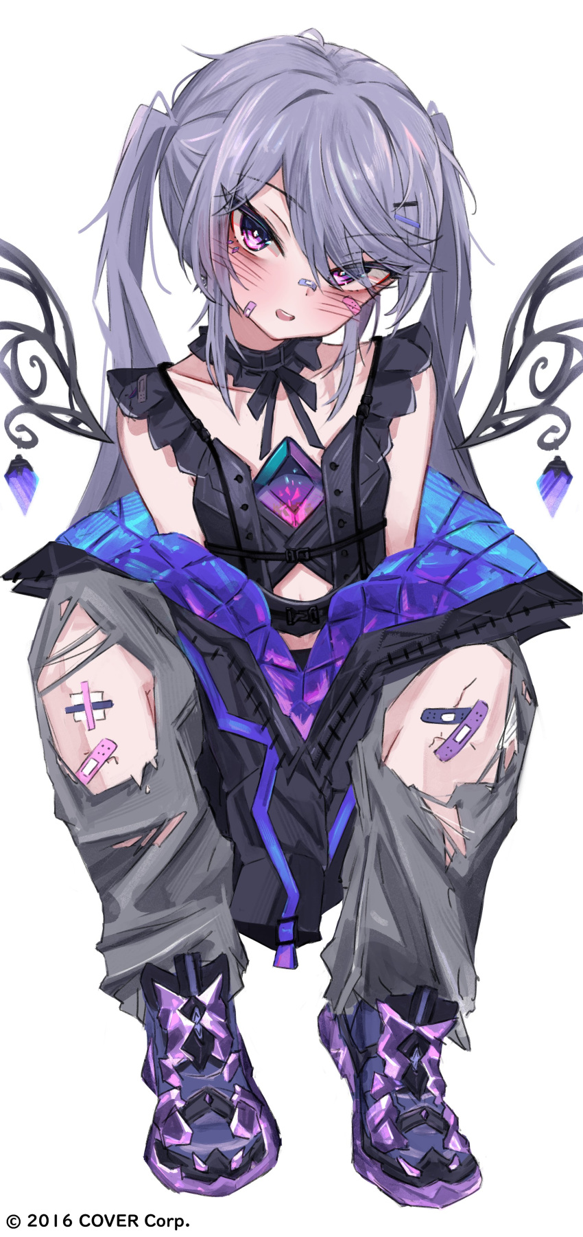 1girl, absurdres, akarinnndesu, bandaid, bandaid_on_face, bandaid_on_knee, bandaid_on_leg, bandaid_on_nose, belt, black_belt, black_jacket, chest_belt, chest_jewel, closed_mouth, copyright_notice, crop_top, full_body, grey_pants, hair_flaps, highres, hololive, hololive_english, jacket, katana, koseki_bijou, koseki_bijou_(3rd_costume), long_bangs, long_hair, looking_at_viewer, multiple_belts, off_shoulder, official_alternate_costume, official_alternate_hairstyle, official_art, open_clothes, open_jacket, pants, purple_jacket, quilted_jacket, sheath, sheathed, shoes, simple_background, smile, swept_bangs, sword, torn_clothes, torn_pants, twintails, two-sided_fabric, two-sided_jacket, very_long_hair, virtual_youtuber, weapon, white_background