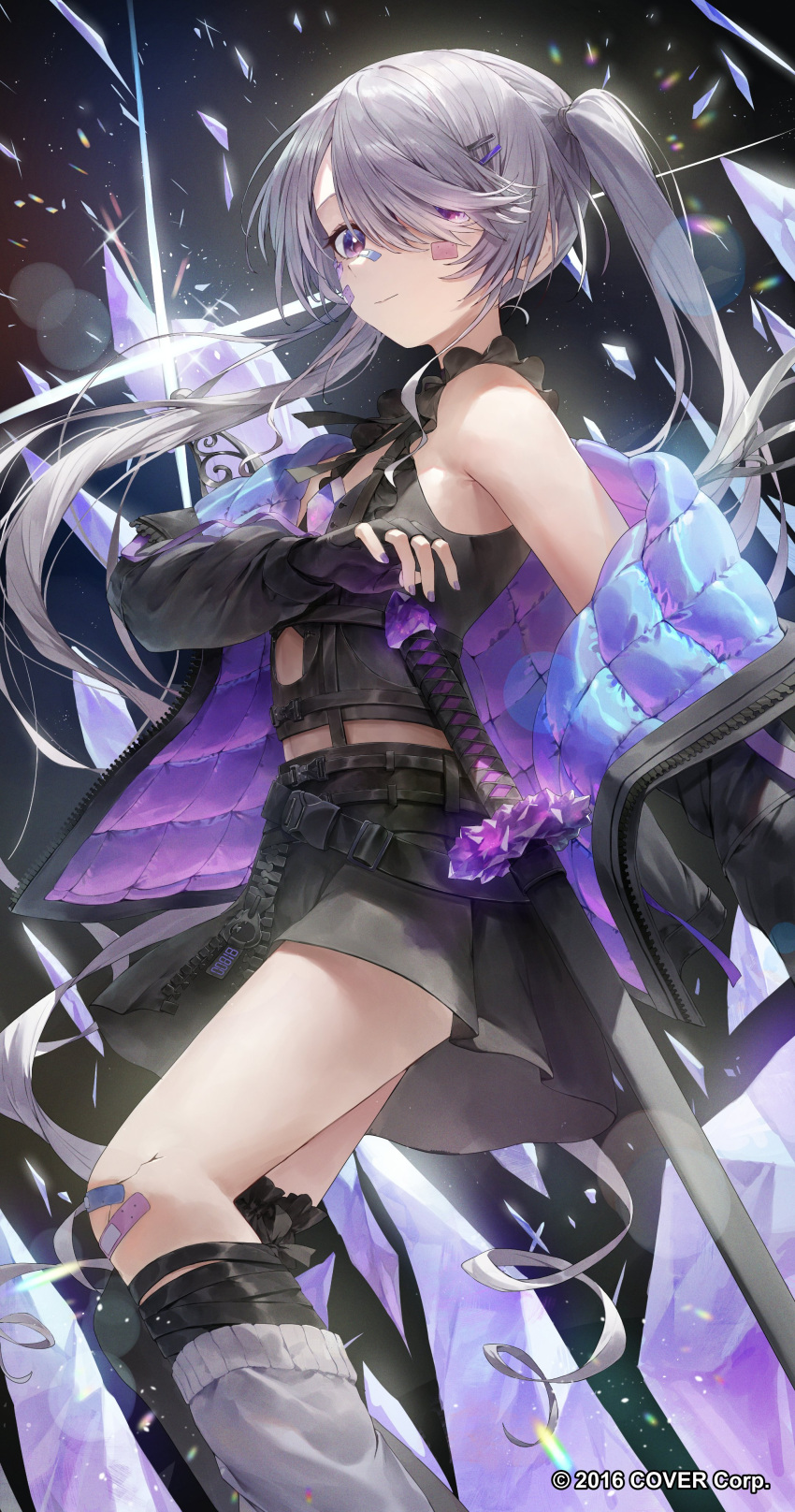 1girl, absurdres, bandaid, bandaid_on_face, bandaid_on_knee, bandaid_on_leg, bandaid_on_nose, belt