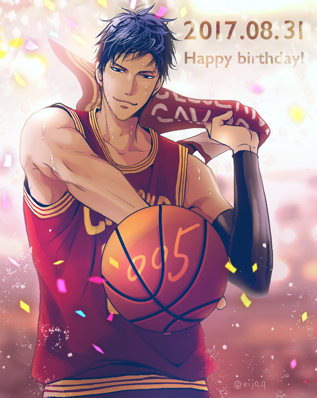 1boy, 2017, a_jou, aomine_daiki, arm_up, ball, bare_shoulders, basketball_(object)