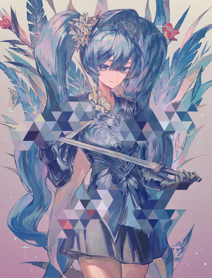 1girl, absurdres, alariess, armor, black_skirt, blue_eyes, blue_hair, chinese_commentary
