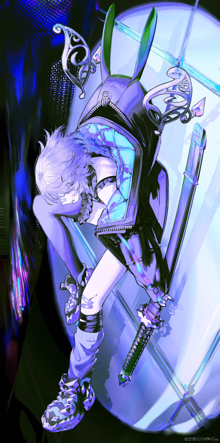 1girl, absurdres, asymmetrical_legwear, bandaid, bandaid_on_face, bandaid_on_knee, bandaid_on_leg, bandaid_on_nose