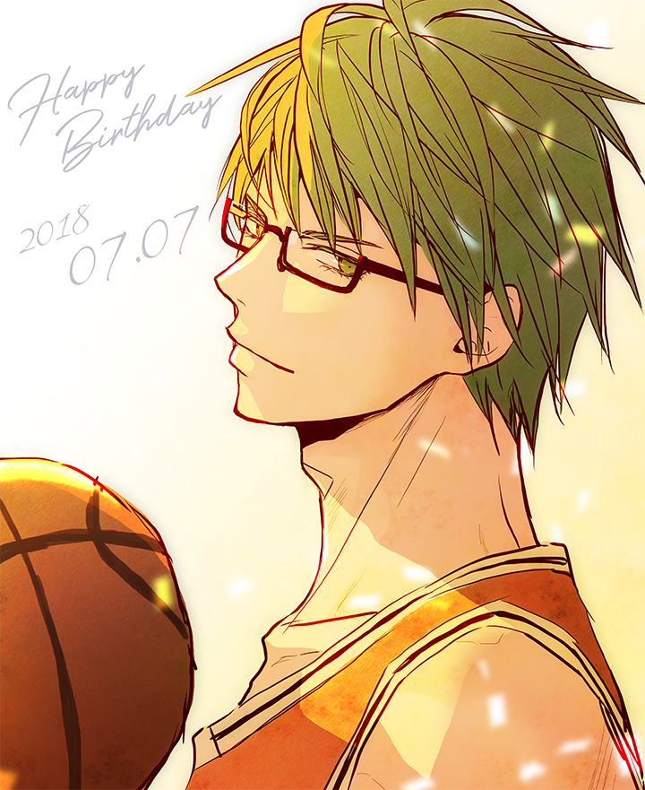 1boy, 2018, a_jou, adam's_apple, ball, basketball_(object), basketball_jersey, black-framed_eyewear, closed_mouth, collarbone, commentary_request, dated, english_text, eyelashes, green_eyes, green_hair, happy_birthday, kuroko_no_basuke, looking_to_the_side, male_focus, midorima_shintarou, rectangular_eyewear, semi-rimless_eyewear, shuutoku_high_basketball_uniform, sideways_glance, single_bare_shoulder, smile, solo, upper_body
