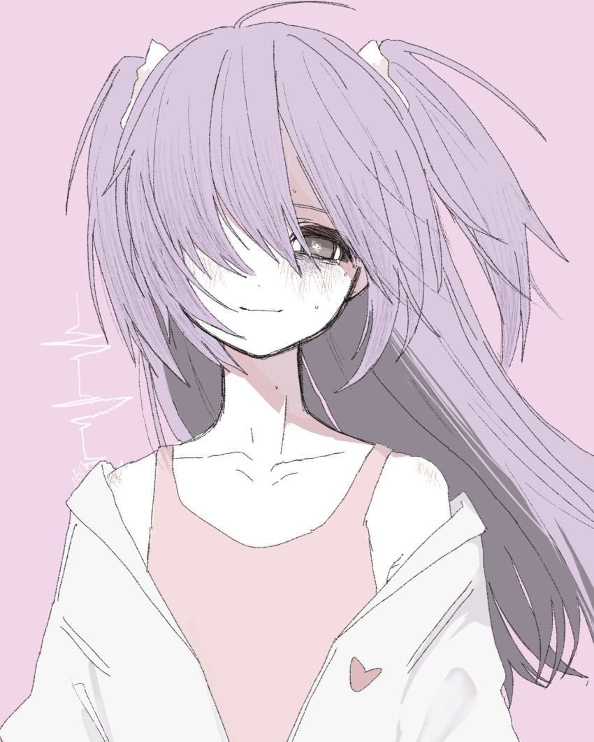 1girl, bags_under_eyes, closed_mouth, coat, collarbone, false_smile, grey_eyes, hair_over_one_eye, heart, highres, jacket, lab_coat, long_hair, looking_at_viewer, nemuri-chan, okusuri_nonde_neyou_(vocaloid), open_clothes, open_coat, pink_background, pink_shirt, purple_hair, scrunchie, shaded_face, shirt, sleeveless, sleeveless_shirt, smile, solo, sound_wave, squiggle_eyes, sweat, twintails, upper_body, utugianone, vocaloid, white_coat, white_scrunchie
