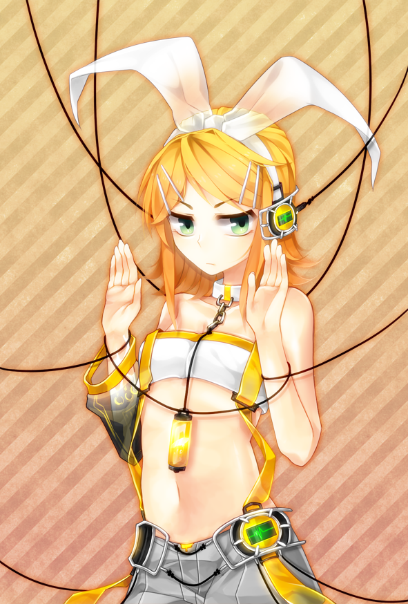 1girl, alternate_costume, cable, collar, green_eyes, hair_ornament, hairclip, headphones