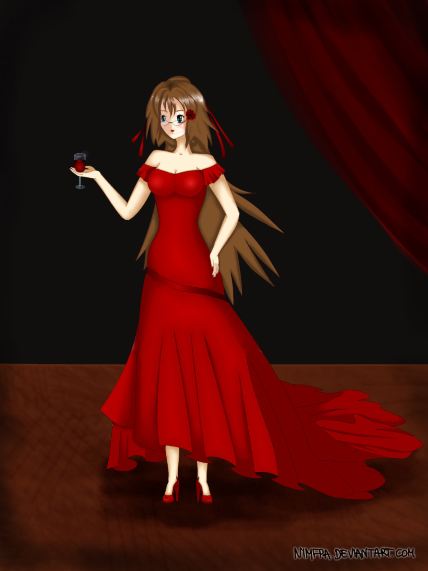 brown_hair, dress, flamenco, flamenco_dancer, flower, glasses, high_heels, long_hair, nimfpa, red, red_dress, red_rose, red_shoes, red_wine, rose, shoes, wine