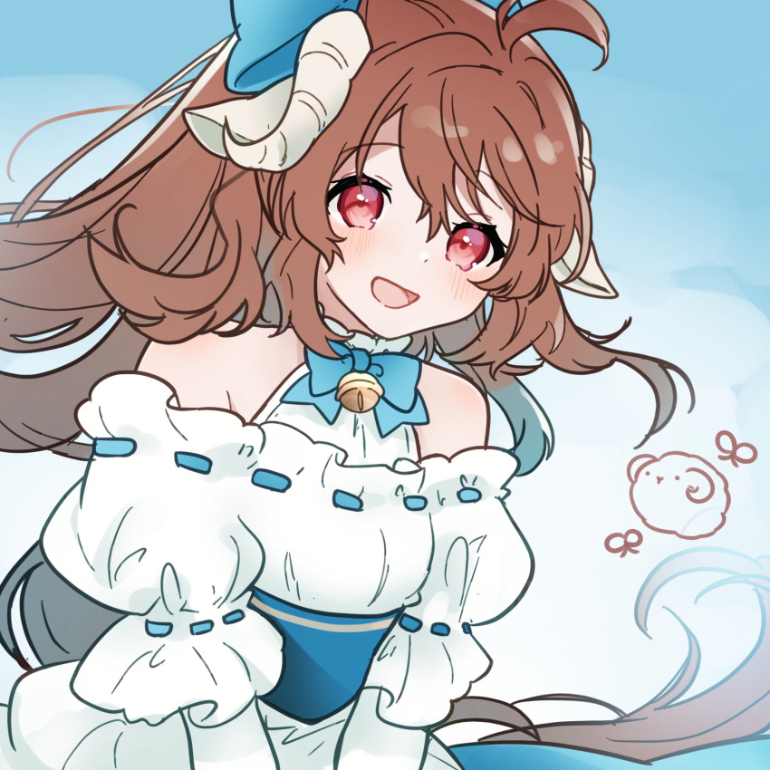 1girl, :d, animal_ears, arknights, aza_nonoka, bare_shoulders, bell, blue_bow, blue_bowtie, blue_sash, blush, bow, bowtie, brown_hair, commentary_request, eyjafjalla_(arknights), eyjafjalla_the_hvit_aska_(a_picnic_before_a_long_trip)_(arknights), eyjafjalla_the_hvit_aska_(arknights), hair_between_eyes, highres, horns, jingle_bell, long_hair, long_sleeves, looking_at_viewer, neck_bell, official_alternate_costume, one-hour_drawing_challenge, open_mouth, red_eyes, ribbon_trim, sash, smile, solo, split_mouth, traditional_bowtie, white_horns