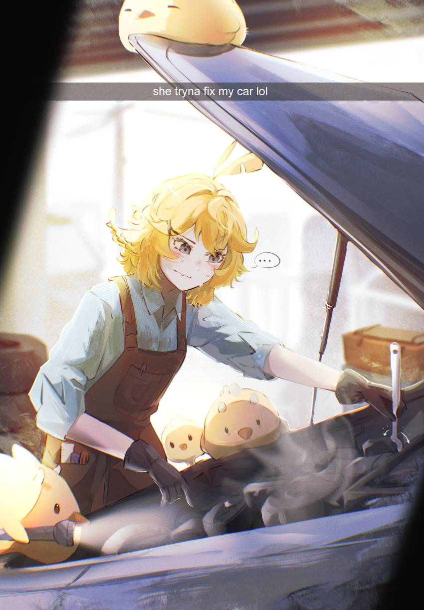 ..., 1girl, absurdres, alternate_costume, blonde_hair, brown_gloves, brown_overalls, car