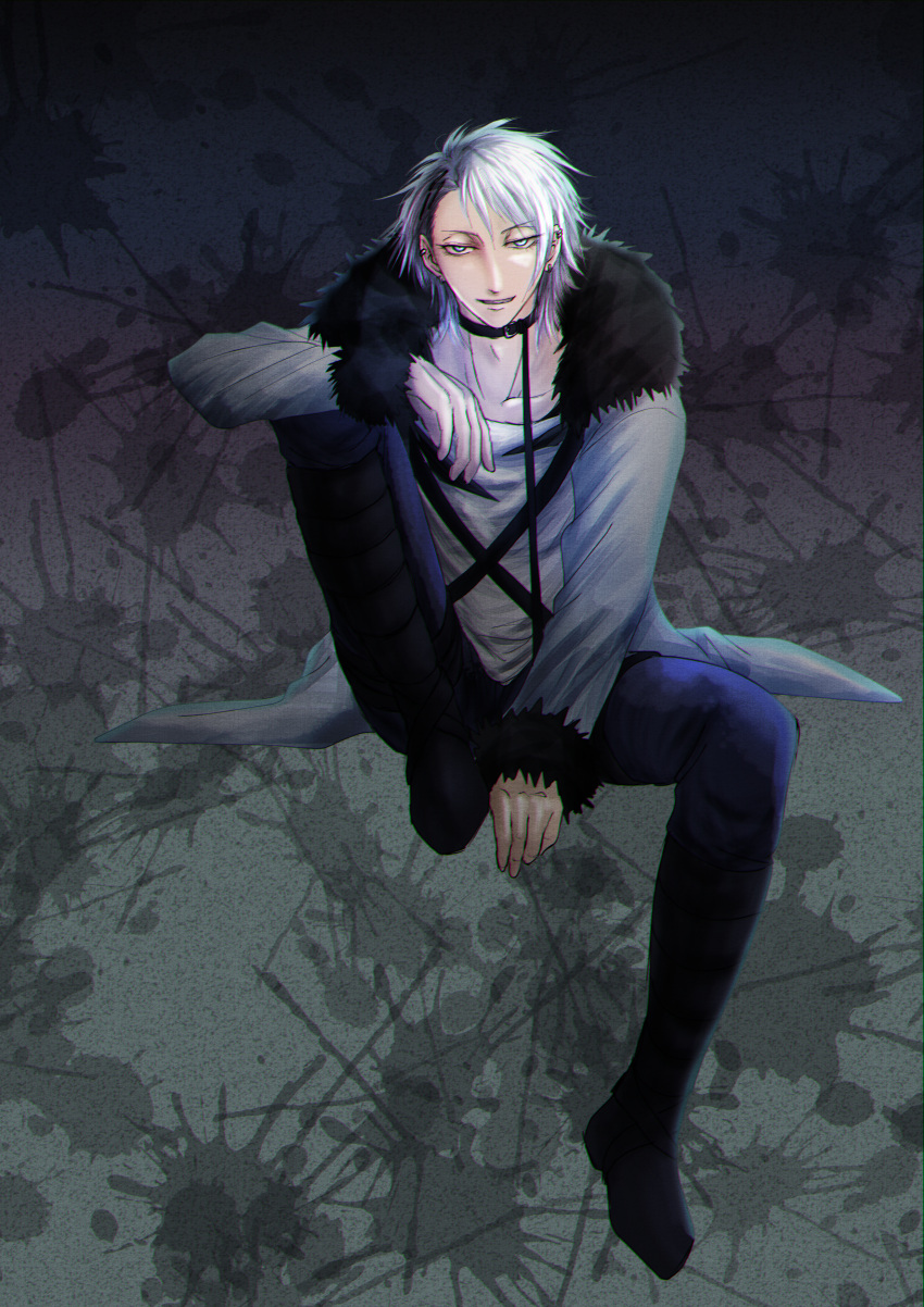 1boy, absurdres, black_choker, black_hair, choker, coat, ear_piercing, full_body, fur_trim, grey_coat, grey_eyes, highres, invisible_chair, junkichi1222_(ryuya), knee_up, leash, long_sleeves, looking_at_viewer, male_focus, multicolored_hair, piercing, shirt, sitting, solo, sousou_no_frieren, two-tone_hair, white_hair, white_shirt, wirbel_(sousou_no_frieren)