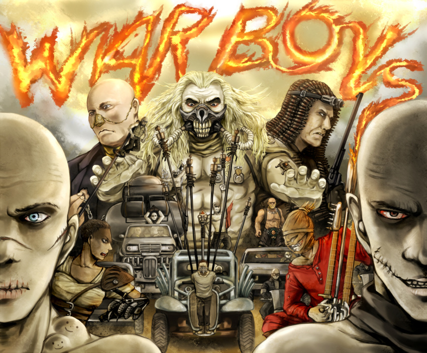 1girl, 6+boys, bald, blonde_hair, bloodshot_eyes, blue_eyes, boots, car