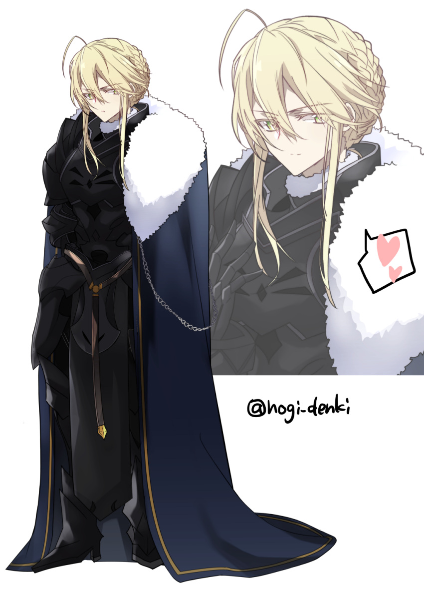 1girl, agravain_(fate), agravain_(fate)_(cosplay), ahoge, armor, armored_boots, artoria_pendragon_(fate), artoria_pendragon_(lancer)_(fate), black_armor, blue_cape, boots, braid, cape, commentary_request, cosplay, fate/grand_order, fate_(series), full_body, fur-trimmed_cape, fur_trim, heart, highres, nogi_(acclima), sidelocks, smile, solo, spoken_heart, twitter_username, zoom_layer
