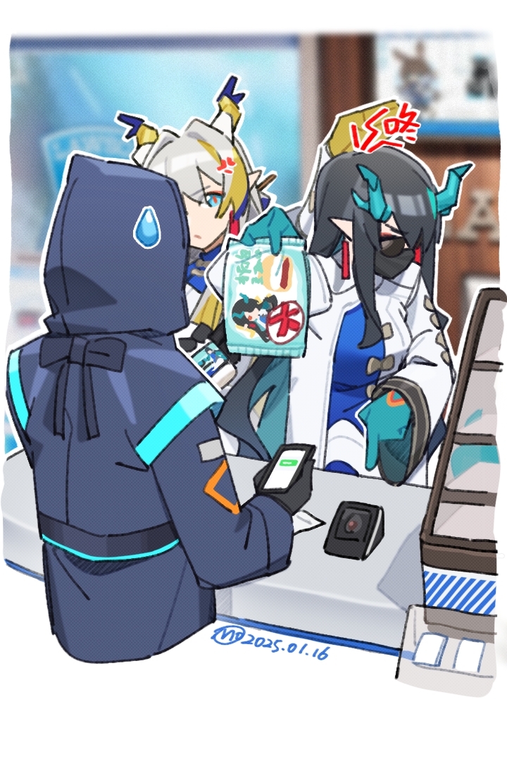 1other, 2girls, anger_vein, arknights, black_gloves, black_hair, blonde_hair, blue_eyes