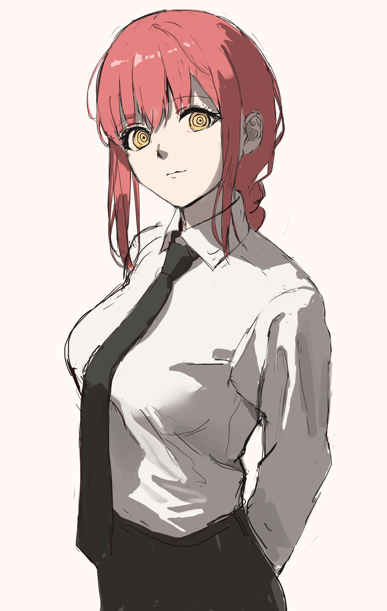 1girl, anteiru, arms_behind_back, black_necktie, black_pants, braid, braided_ponytail, breasts