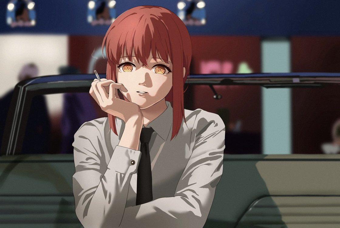 1girl, anteiru, arm_rest, black_necktie, blurry, blurry_background, chainsaw_man, cigarette