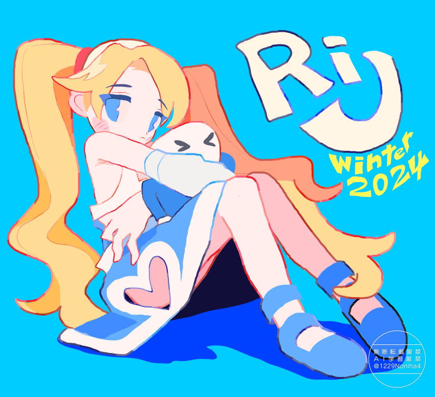 1girl, 2024, absurdres, aqua_background, bare_shoulders, blonde_hair, blue_eyes, blue_hat