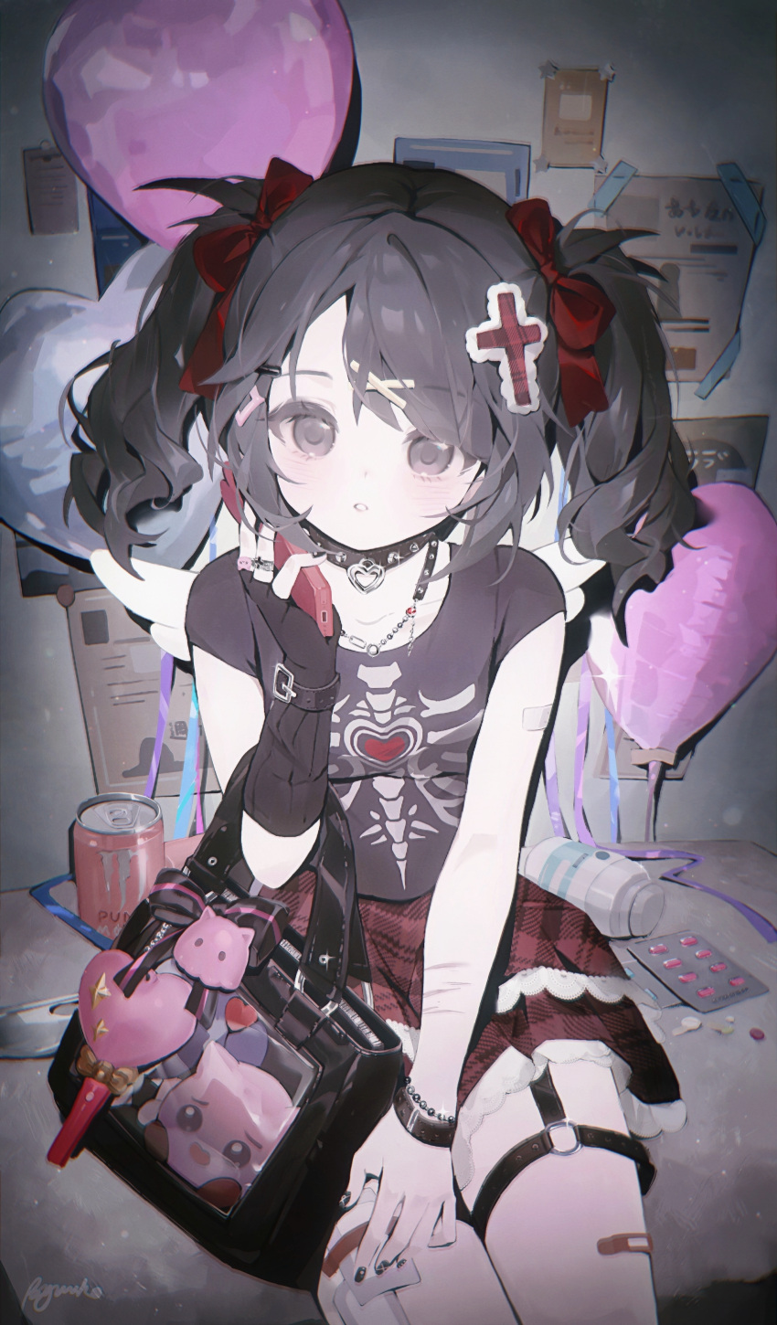 1girl, absurdres, ame-chan_(emo)_(needy_girl_overdose), ame-chan_(needy_girl_overdose), balloon, black_bag, black_collar, black_hair