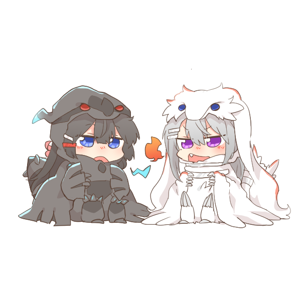 2girls, :d, black_hair, blue_eyes, chibi, cosplay, fang, fire