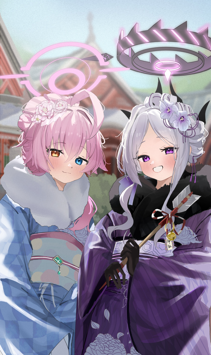 2girls, absurdres, architecture, arrow_(projectile), bell, black_gloves, blue_archive, blue_eyes