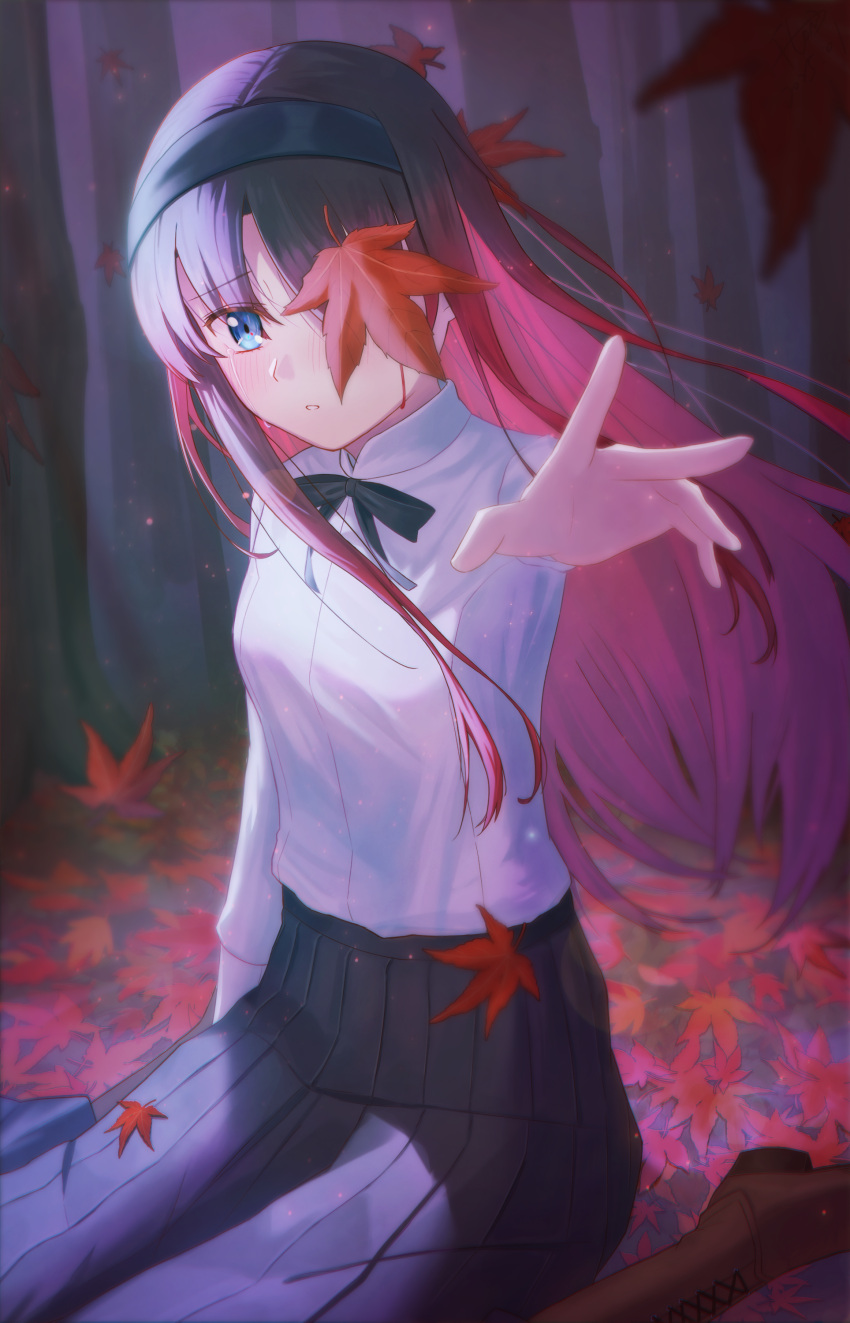 1girl, absurdres, autumn_leaves, black_hair, black_hairband, black_ribbon, black_skirt, blue_eyes