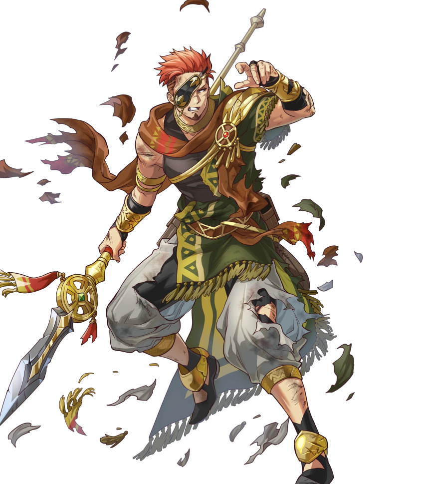 1boy, armlet, armor, attack, baggy_pants, clenched_teeth, eyepatch, facial_hair