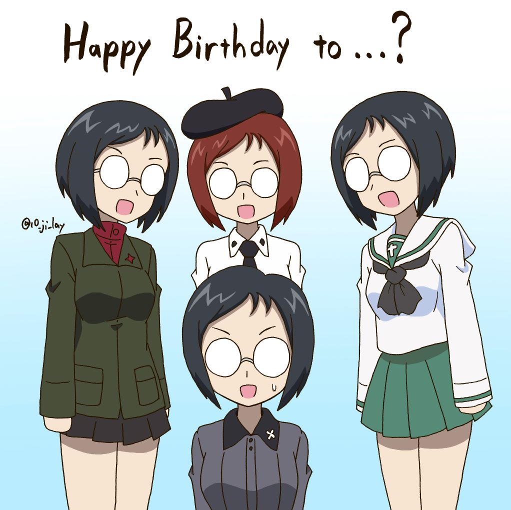 10_ji_lay, 4girls, anzio_school_uniform, beret, black_hair, black_hat, black_necktie, black_scarf, black_skirt, blue_background, brown_hair, collared_shirt, girls_und_panzer, gradient_background, green_jacket, grey_shirt, happy_birthday, hat, jacket, katsuya_megu, kuromorimine_military_uniform, kuromorimine_school_uniform, long_sleeves, look-alike, miniskirt, multiple_girls, necktie, ooarai_school_uniform, pravda_school_uniform, red_shirt, round_eyewear, scarf, school_uniform, serafuku, shirt, short_hair, signature, skirt, sweat, white_serafuku, white_shirt