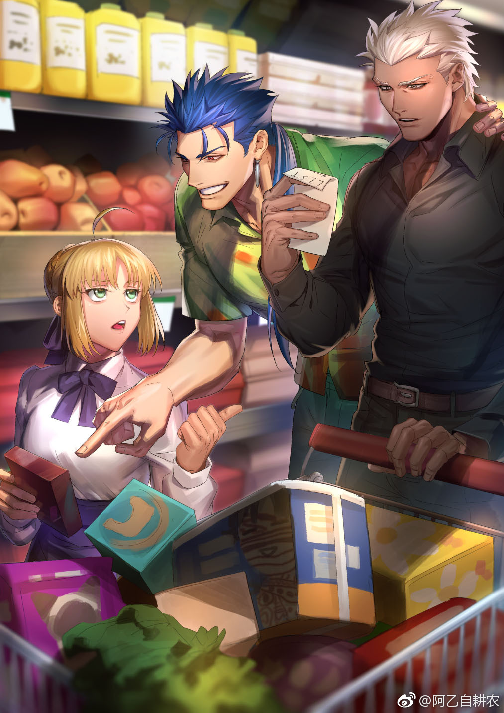 1girl, 2boys, ahoge, archer_(fate), artoria_pendragon_(fate), belt, black_shirt, blonde_hair