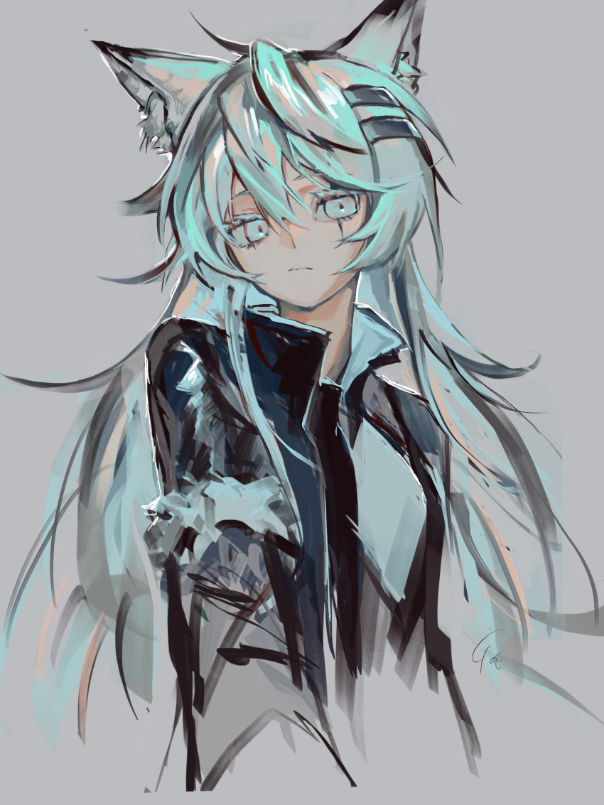 1girl, alariess, animal_ear_fluff, animal_ears, arknights, black_jacket, chinese_commentary, commentary_request