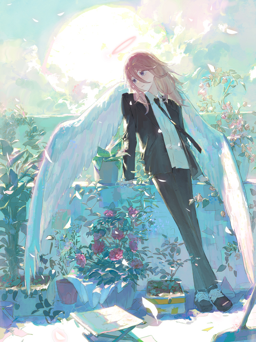 1boy, absurdres, angel_devil_(chainsaw_man), black_footwear, black_jacket, black_necktie, black_pants, chainsaw_man, chinese_commentary, clouds, collared_shirt, commentary_request, day, die_(weibo_5986913615), feathered_wings, flower, full_body, garden, hair_between_eyes, halo, highres, jacket, leaning, long_bangs, long_hair, necktie, open_clothes, open_jacket, outdoors, pants, red_flower, red_hair, red_halo, red_rose, rose, shirt, solo, sun, violet_eyes, white_shirt, white_wings, wings