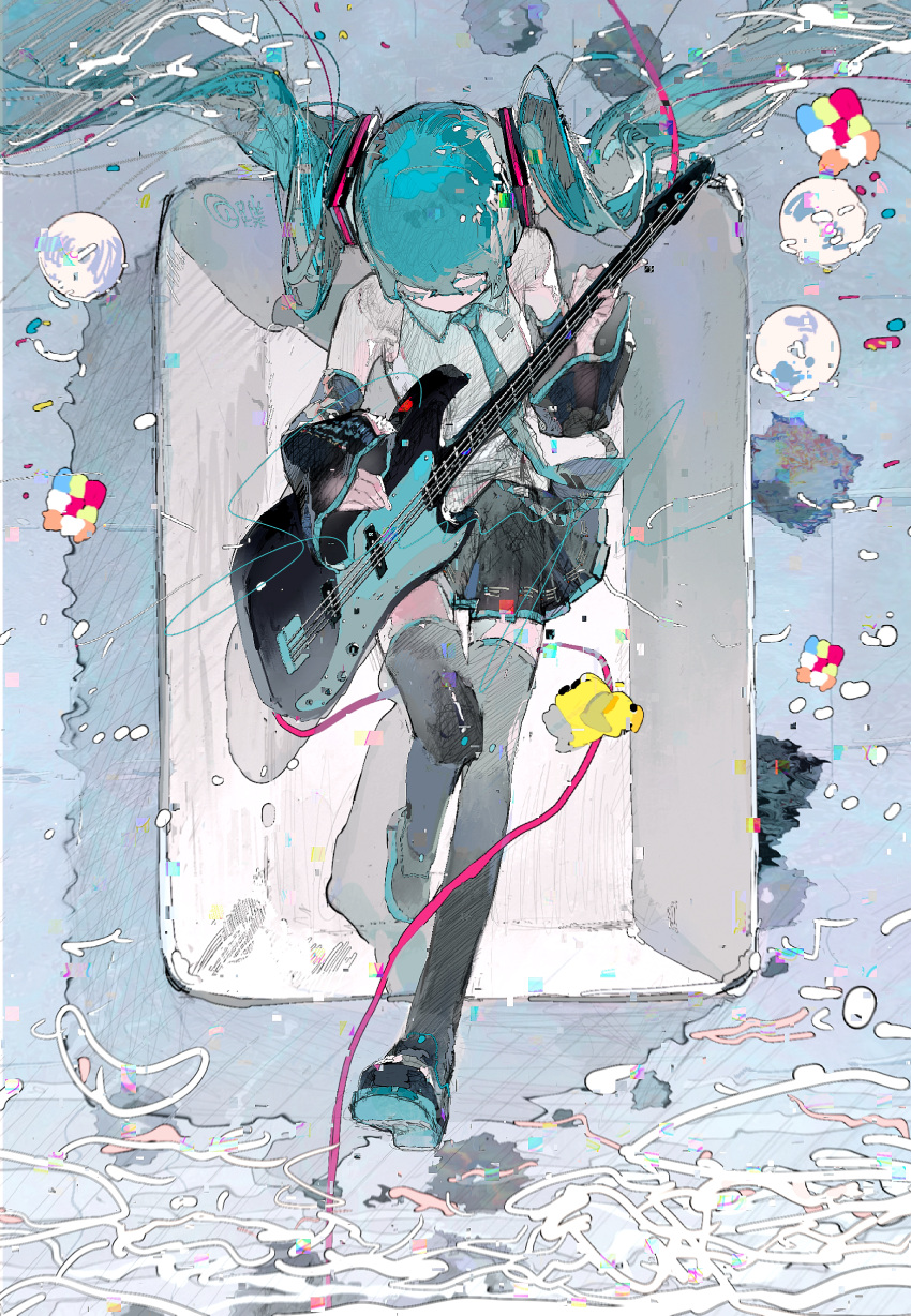 1girl, absurdres, aqua_hair, aqua_necktie, bare_shoulders, bass_guitar, bathroom, bathtub