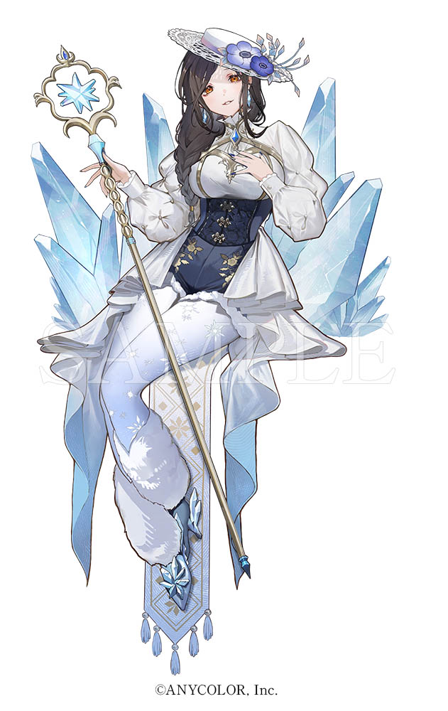 1girl, alternate_costume, black_hair, blue_corset, blue_nails, blue_skirt, boater_hat, braid