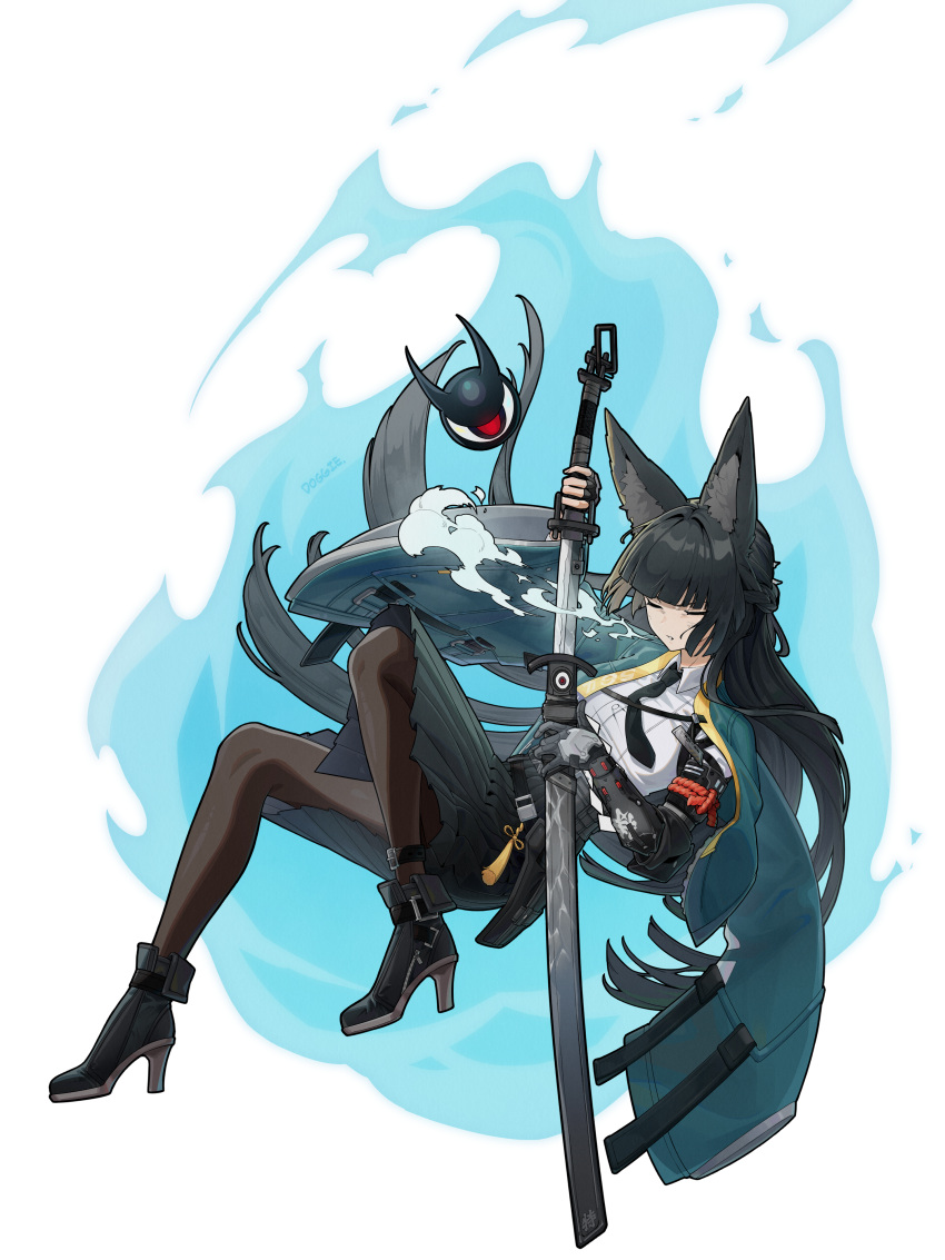 1girl, absurdres, animal_ear_fluff, animal_ears, black_footwear, black_gloves, black_hair, black_necktie