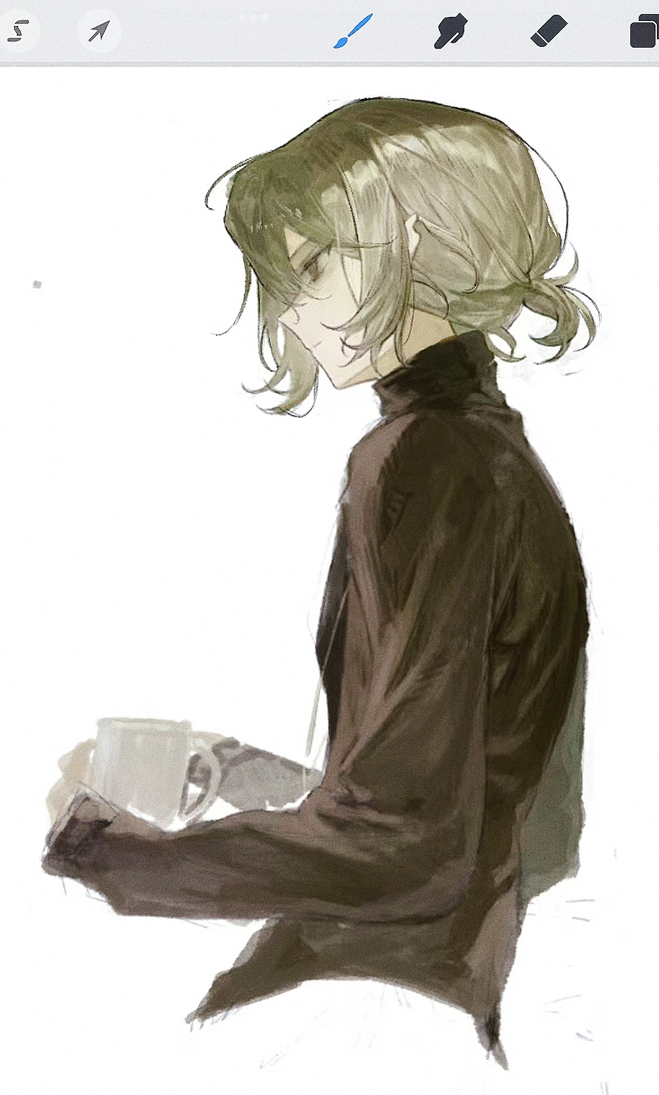 1boy, art_program_in_frame, black_shirt, closed_mouth, cup, dungeon_meshi, elf, expressionless