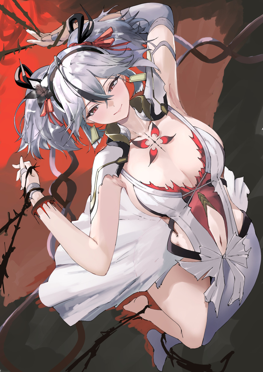 absurdres, arms_up, asymmetrical_clothes, black_flower, blake_bloom_(wuthering_waves), breasts, camellya_(wuthering_waves), clothing_cutout