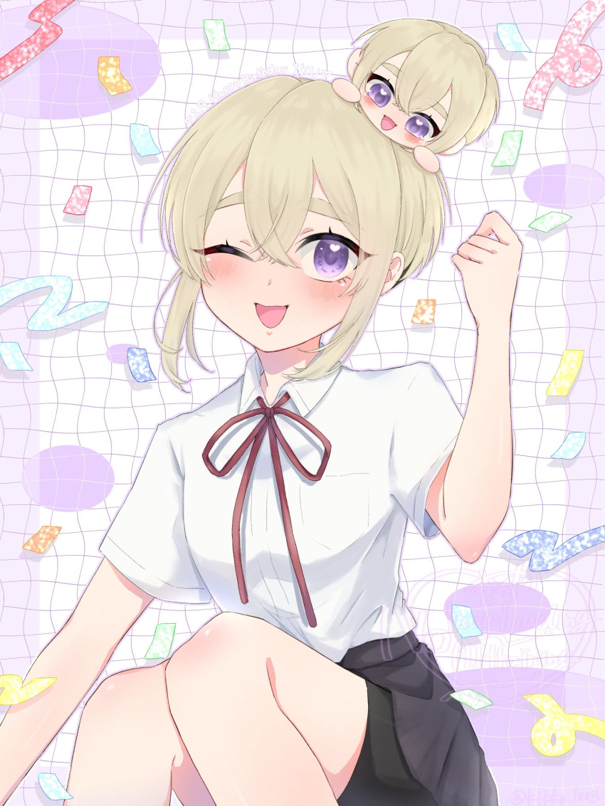 1girl, ;d, arm_up, black_shorts, black_skirt, blonde_hair, blush, chibi