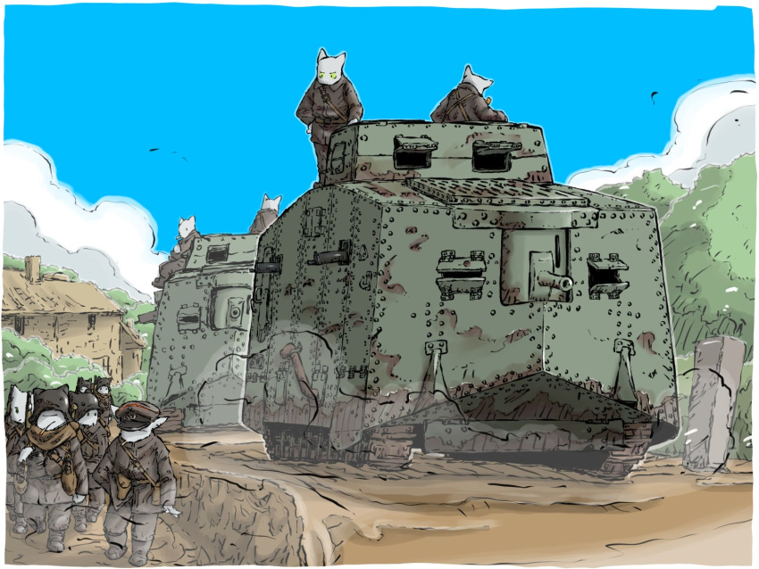 6+boys, a7v_(tank), building, cannon, caterpillar_tracks, dust_cloud, gun, highres
