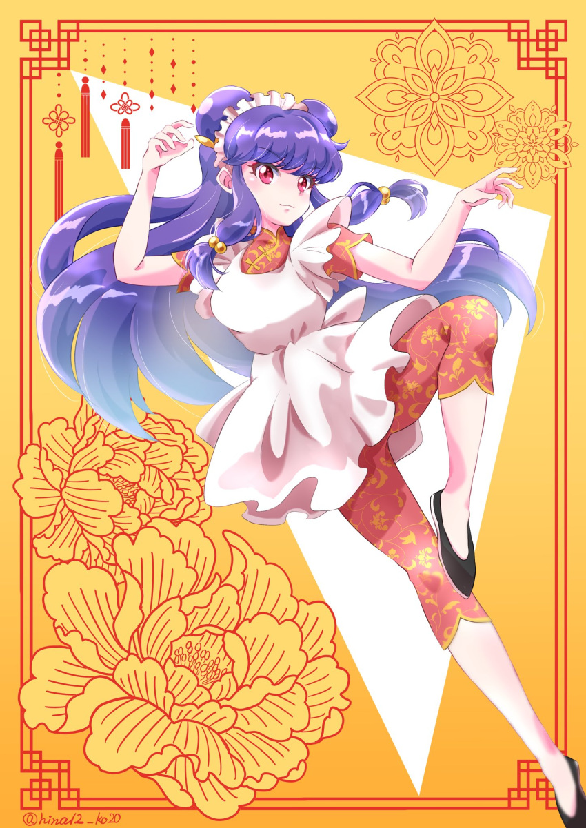 1girl, apron, black_footwear, chinese_clothes, double_bun, floral_background, floral_print, hair_bun, highres, hina12_ko20, long_hair, maid_apron, maid_headdress, pants, purple_hair, ranma_1/2, red_eyes, red_pants, red_shirt, shampoo_(ranma_1/2), shirt, sidelocks, smile, white_apron