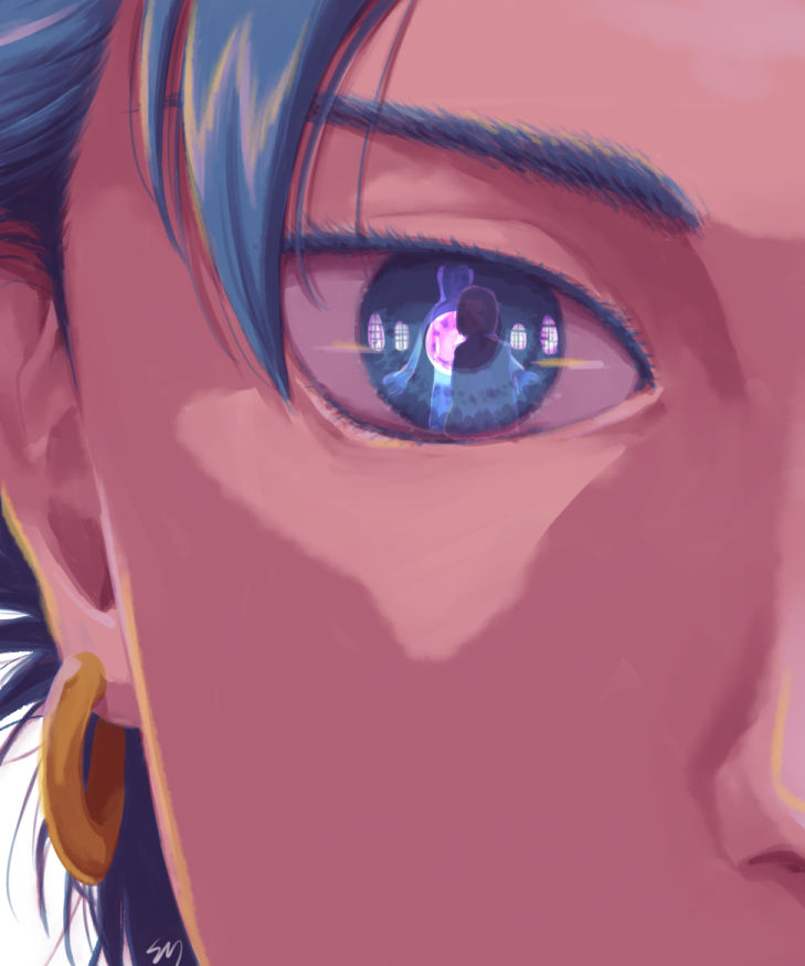 1other, 2boys, blue_eyes, blue_hair, brown_hair, camus_(dq11), colored_eyelashes, commentary_request, dragon_quest, dragon_quest_xi, earrings, eye_focus, eye_reflection, gold_earrings, hero_(dq11), hoop_earrings, jewelry, kamei_(yokoshima-ko), male_focus, multiple_boys, reflection, reflection_focus, short_hair, tockle_(dq11), upper_body, white_background