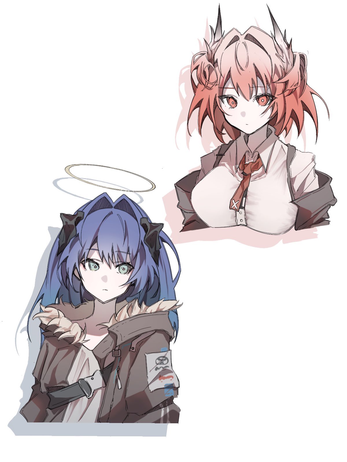 2girls, arknights, black_horns, black_jacket, blue_hair, bright_pupils, closed_mouth, collared_shirt