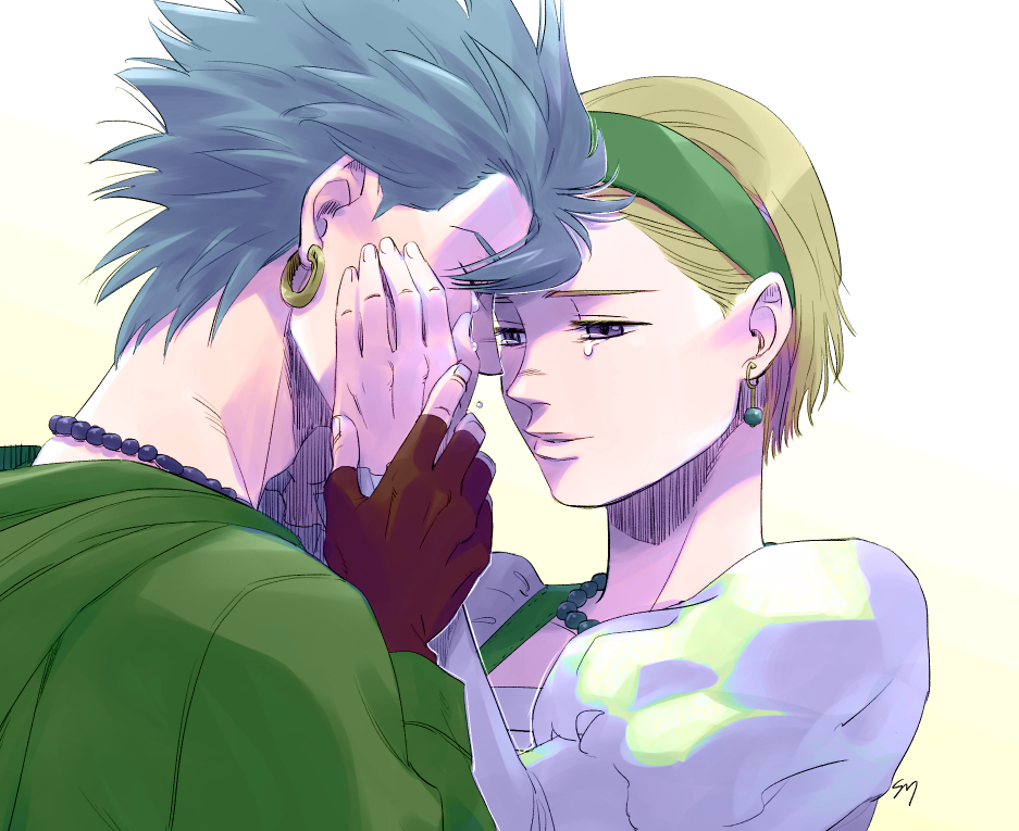 1boy, 1girl, bead_necklace, beads, blonde_hair, blue_hair, brown_gloves, camus_(dq11)