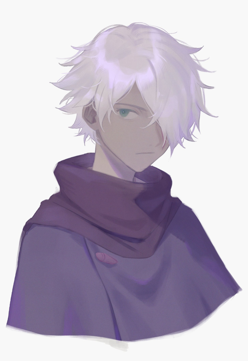 1boy, blue_eyes, closed_mouth, coat, commentary, cropped_torso, dark-skinned_male, dark_skin