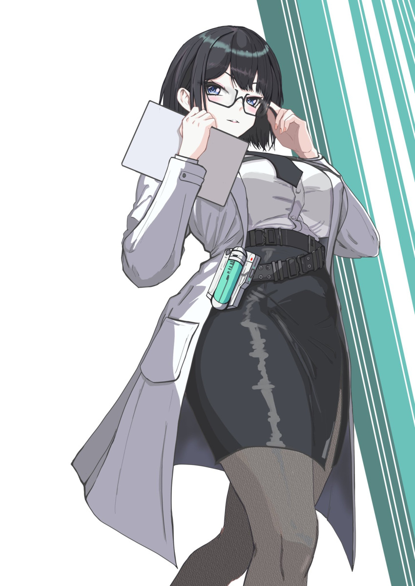 1977_oj3, 1girl, adjusting_eyewear, black_hair, black_necktie, blue_eyes, breasts, from_below