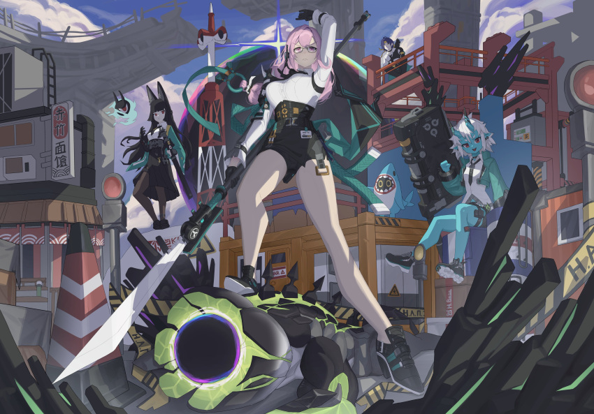 1boy, 3girls, absurdres, animal_ears, armor, asaba_harumasa, black_footwear, black_gloves