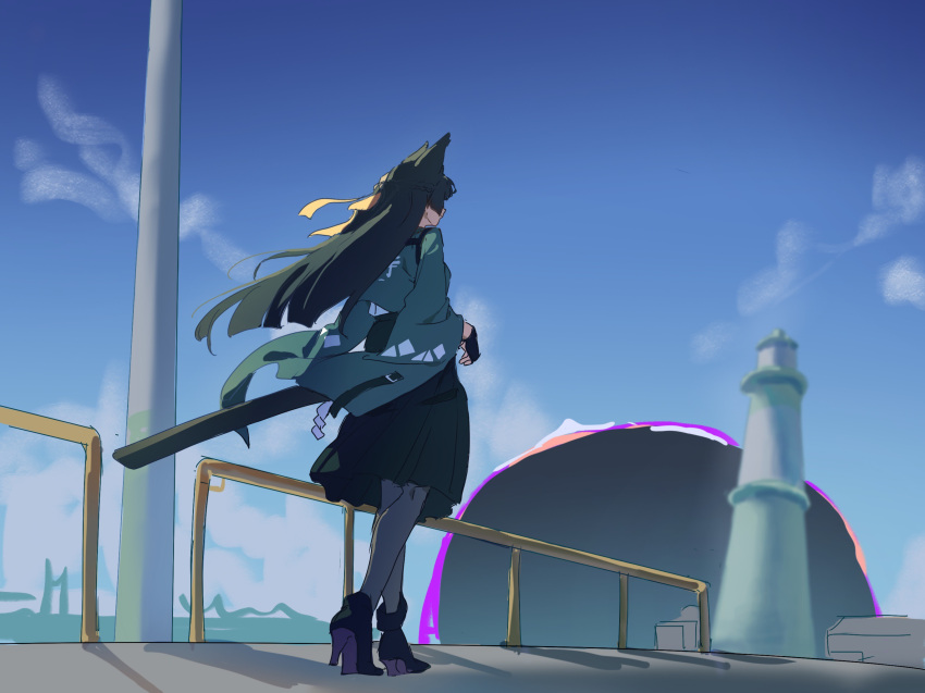 1girl, black_footwear, black_gloves, black_pantyhose, black_skirt, blue_sky, boots, chinese_commentary