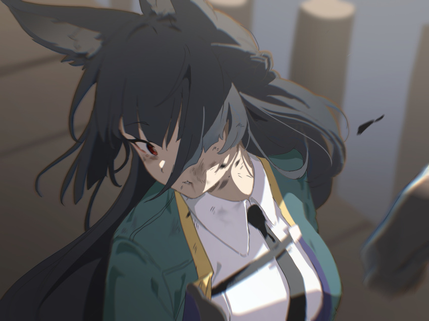 1girl, animal_ears, black_hair, black_necktie, blunt_bangs, bruise, bruise_on_face, chinese_commentary, dress_shirt, floating_hair, fox_ears, fox_girl, green_jacket, highres, hoshimi_miyabi, injury, jacket, long_hair, looking_ahead, mengaijiang, necktie, outdoors, parted_lips, red_eyes, shirt, sidelocks, solo, upper_body, white_shirt, zenless_zone_zero