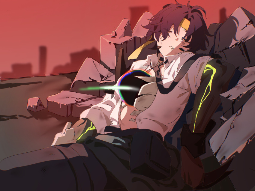 1boy, asaba_harumasa, black_hair, black_pants, bruise, bruise_on_face, chinese_commentary, closed_eyes, ethereal_(zenless_zone_zero), headband, highres, injury, male_focus, mengaijiang, outdoors, pants, parted_bangs, shirt, short_hair, sidelocks, solo, white_shirt, yellow_headband, zenless_zone_zero