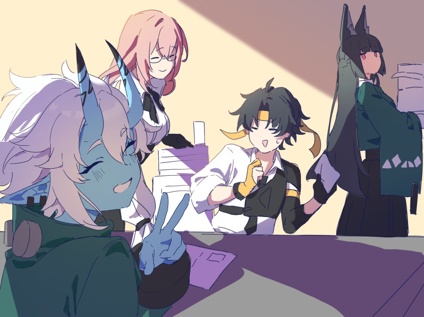 1boy, 3girls, animal_ear_fluff, animal_ears, asaba_harumasa, black_gloves, black_hair, blue_skin