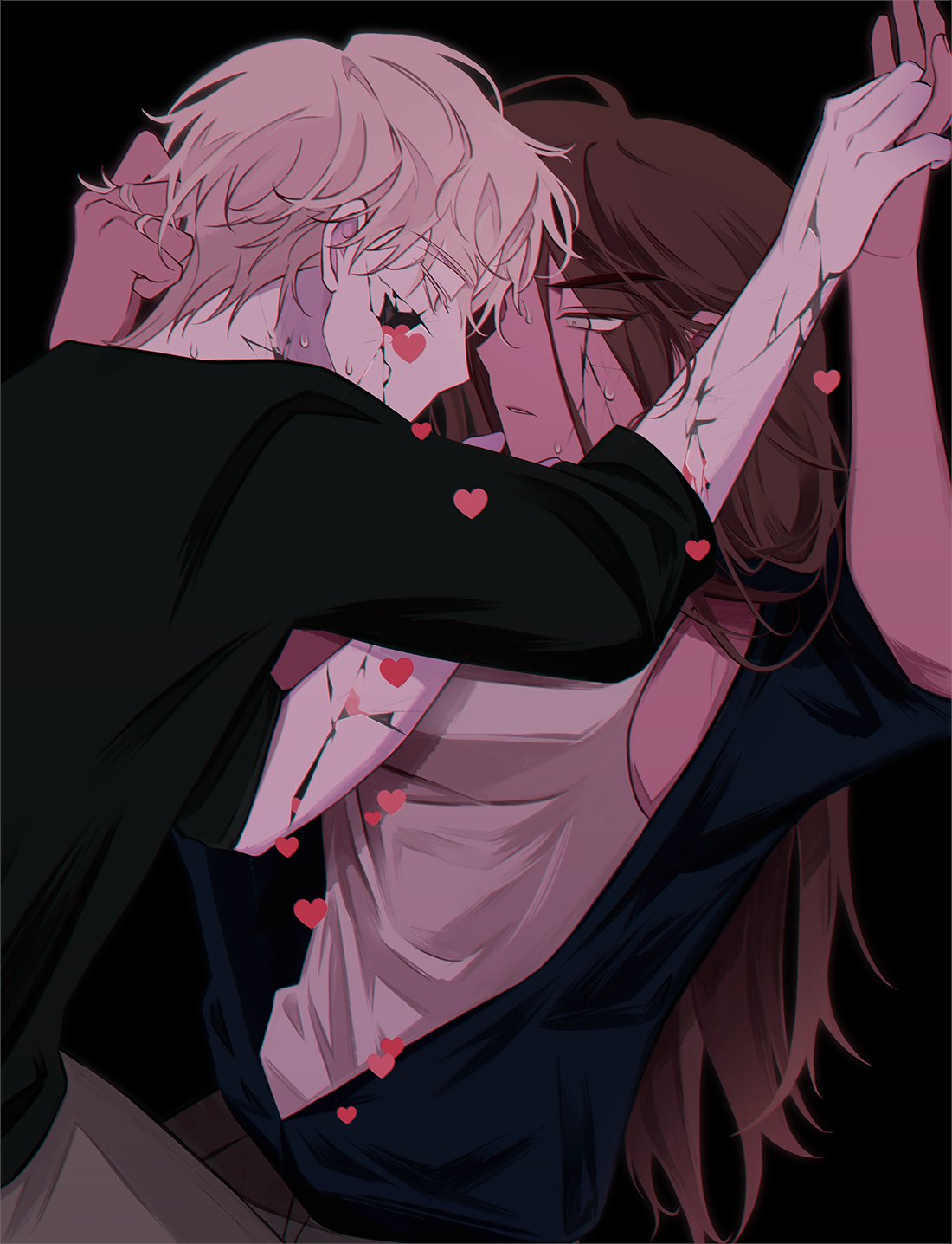 1boy, 1girl, alien_stage, black_background, black_shirt, blonde_hair, brown_hair, colored_eyelashes, commentary, cracked_skin, dark-skinned_female, dark_skin, grey_eyes, hand_on_another's_head, hashtag-only_commentary, heart, hetero, highres, holding_hands, hyuna_(alien_stage), long_hair, looking_at_another, luka_(alien_stage), s301t9, shirt, short_hair, simple_background, sleeves_past_elbows, sweat, tank_top, very_long_hair, very_short_hair, yellow_eyes