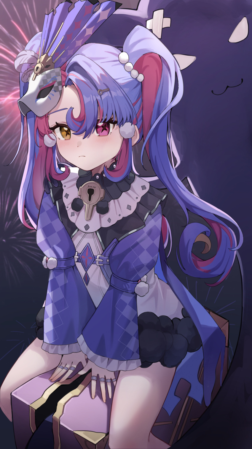 1girl, absurdres, aerial_fireworks, black_collar, blush, closed_mouth, collar, commentary