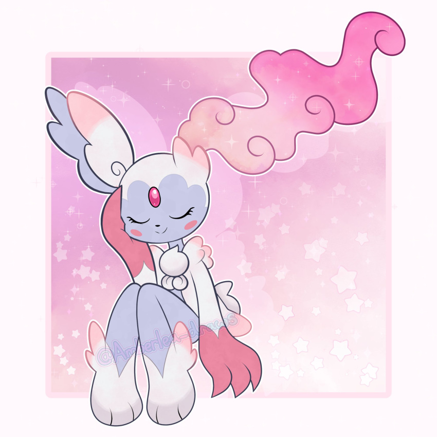 1other, amberlea, animal_hands, audino, blush_stickers, border, claws, closed_eyes, colored_smoke, eyelashes, forehead_jewel, full_body, furry, fusion, highres, looking_at_viewer, mega_audino, musharna, pink_background, pink_fur, pokemon, pokemon_(creature), purple_fur, simple_background, smoke, sneasler, solo, white_border