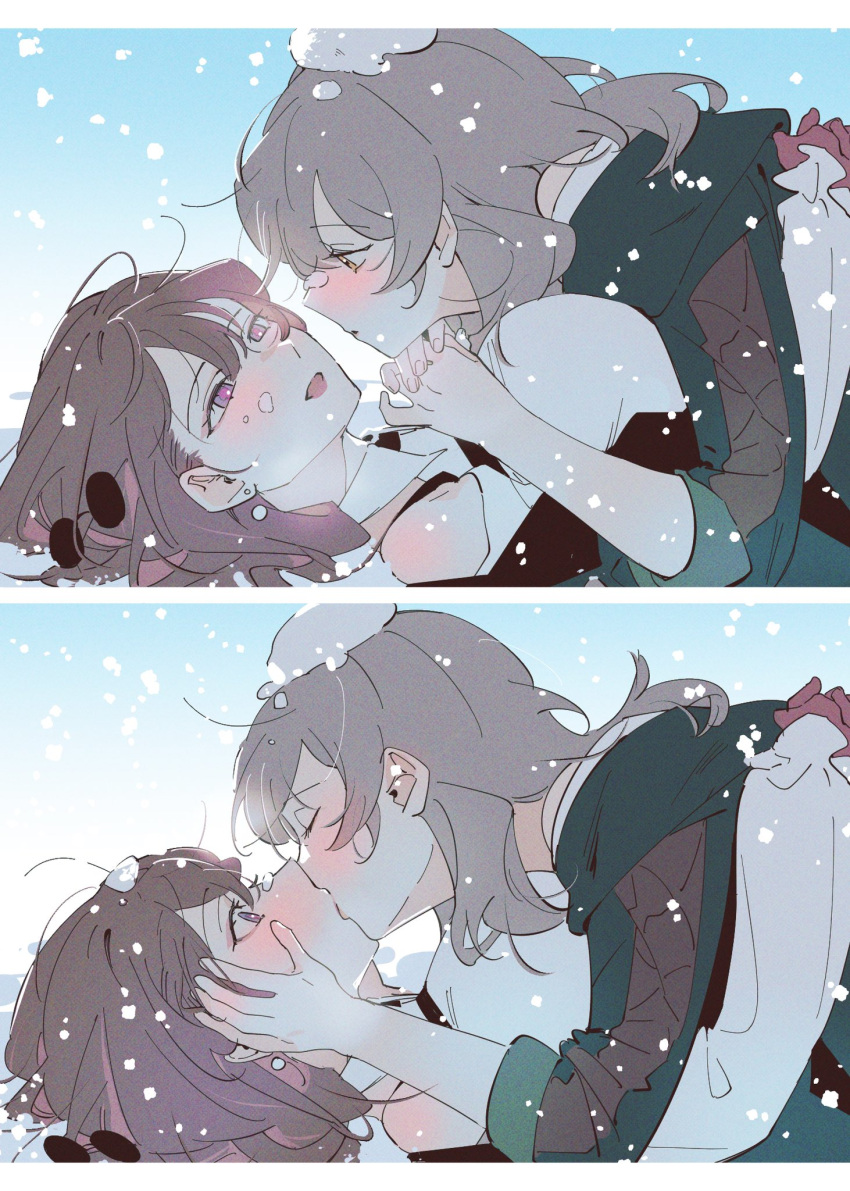 2girls, black_jacket, clothing_cutout, commentary, d0600059994959, english_commentary, grey_hair, highres